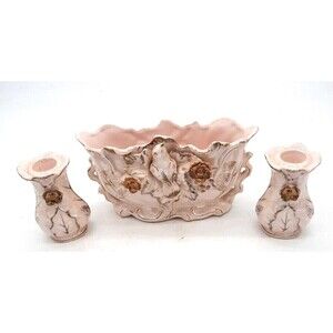 Vtg Kreiss Pink Iridescent & Gold  Planter Bird & Floral Matching Candle Holders
